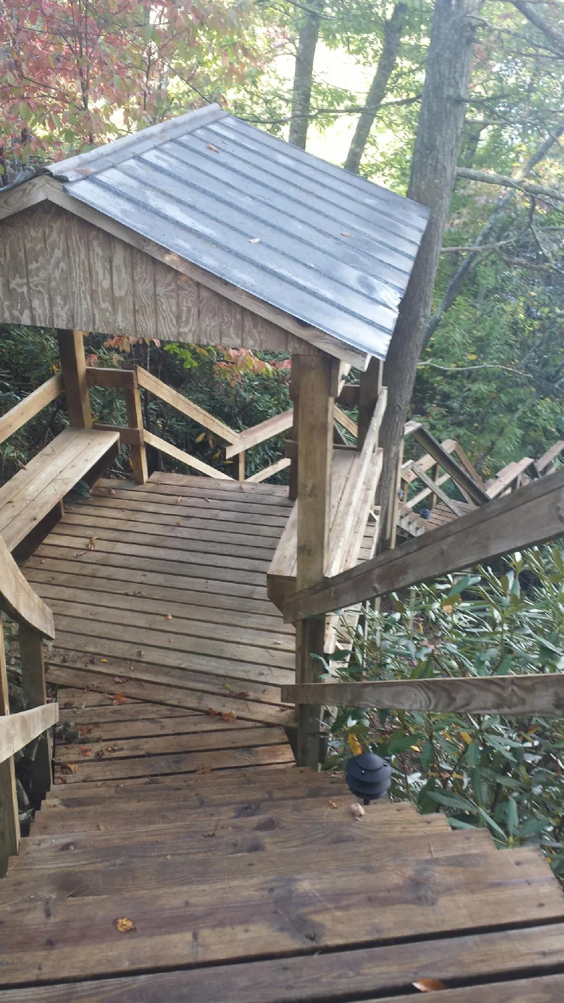 Metal roofed shelter over wooden steps on a wooded walkway — Skylight Repair & Installation work by our crew in Endicott